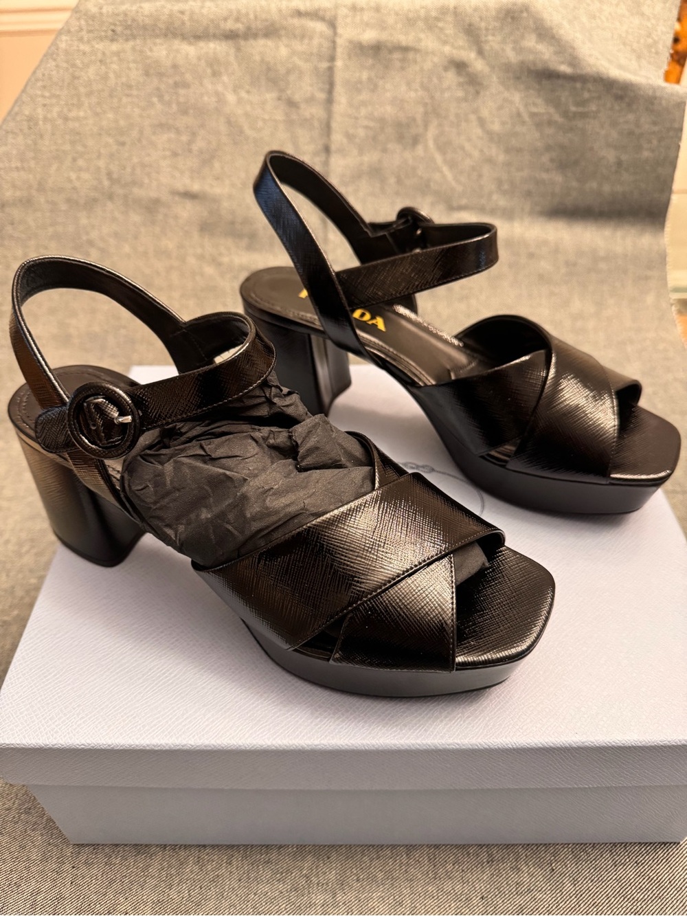 Prada Black Saffiano Leather Platform Sandals